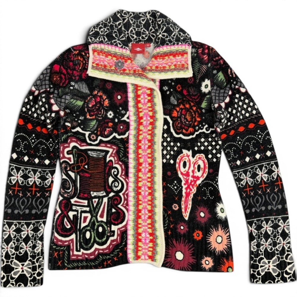 Oilily 100% Merino Wool Intarsia Novelty Cardigan Wearable Art Boho Folk Art L‎
